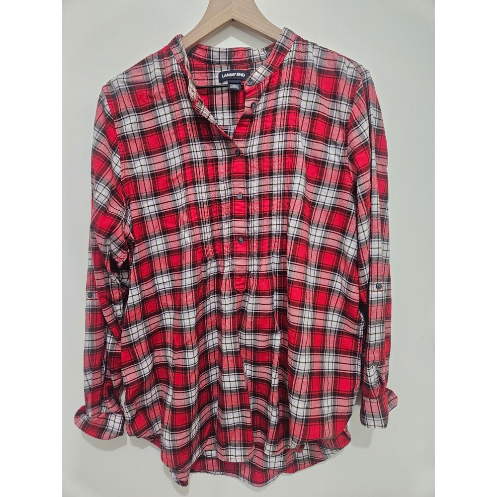 Lands End Red Plaid Flannel Tunic Shirt Womens 18 Cotton‎ Roll Tab Sleeve Henley